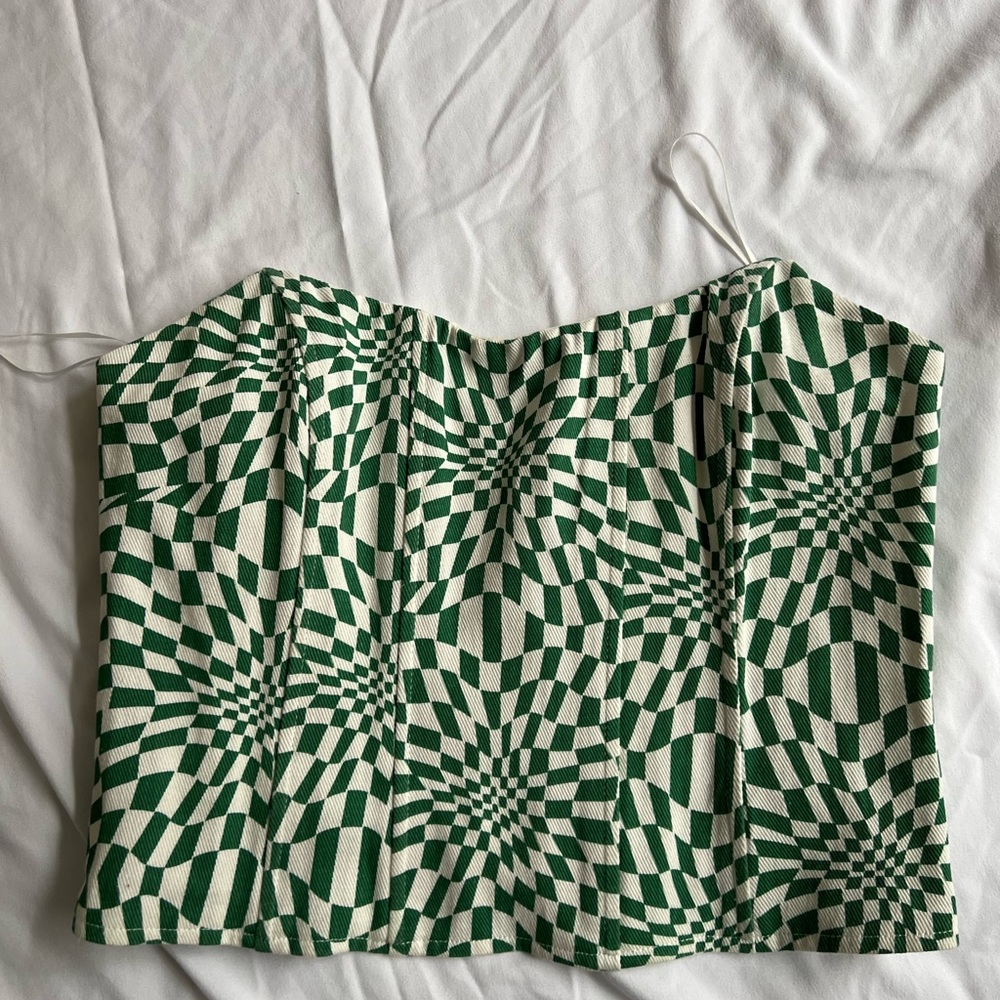 Strapless green geometric bustier top